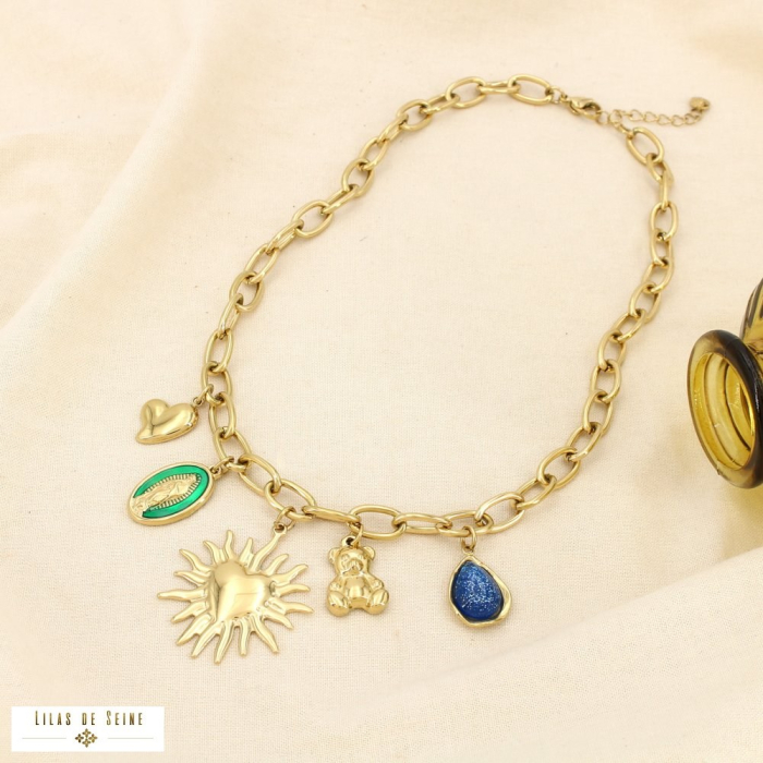Collier acier cœur soleil Vierge Marie nounours 0125631 doré