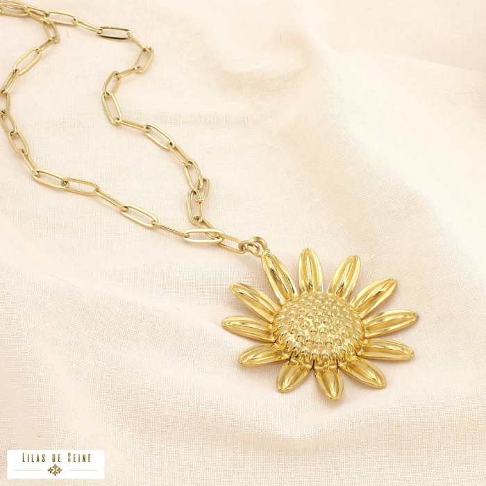Collier sautoir acier inox pendentif marguerite 0125628 doré