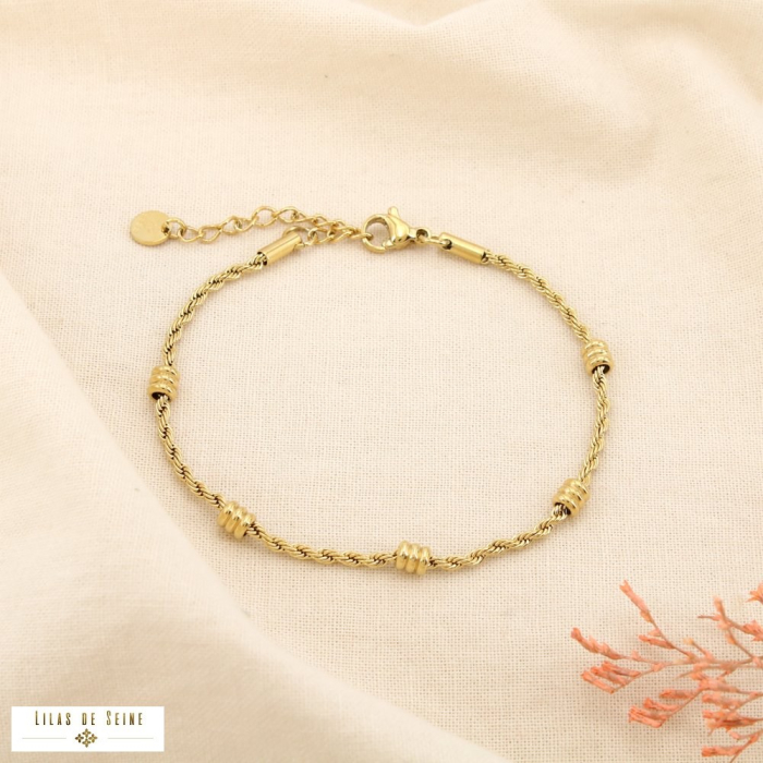 Bracelet acier inox torsadé rondelle cylindrique 0225590 doré