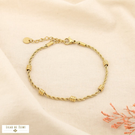 Bracelet acier inox torsadé rondelle cylindrique 0225590 doré