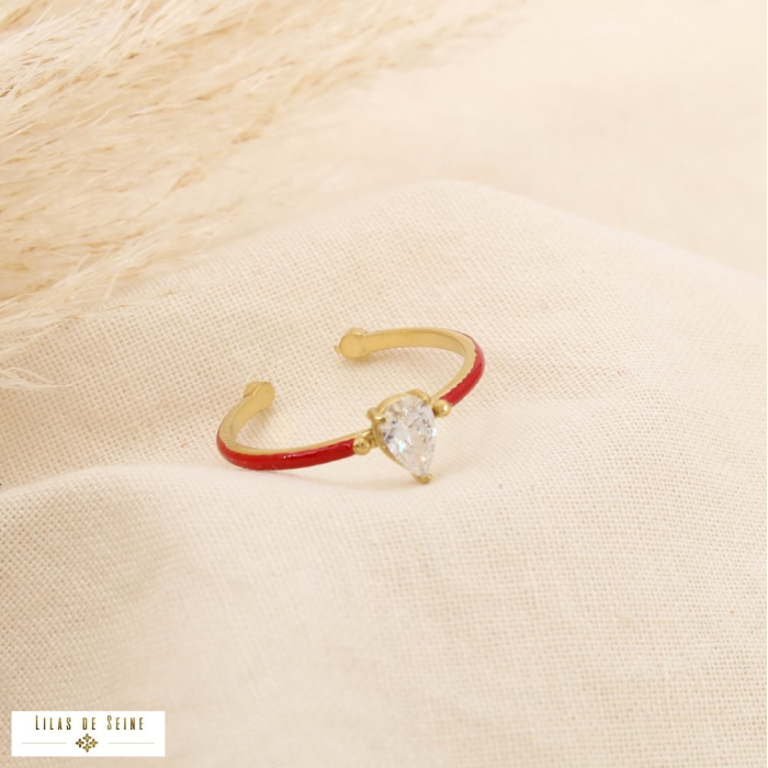 Bague minimaliste acier inox émail strass goutte 0425529 rouge