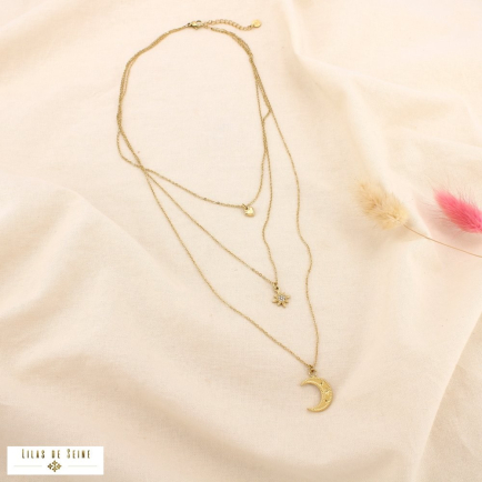 Collier trois rangs acier strass étoile cœur lune 0125632 doré