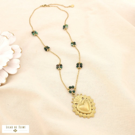 Collier acier inoxydable pierre pendentif cœur 0125609 vert