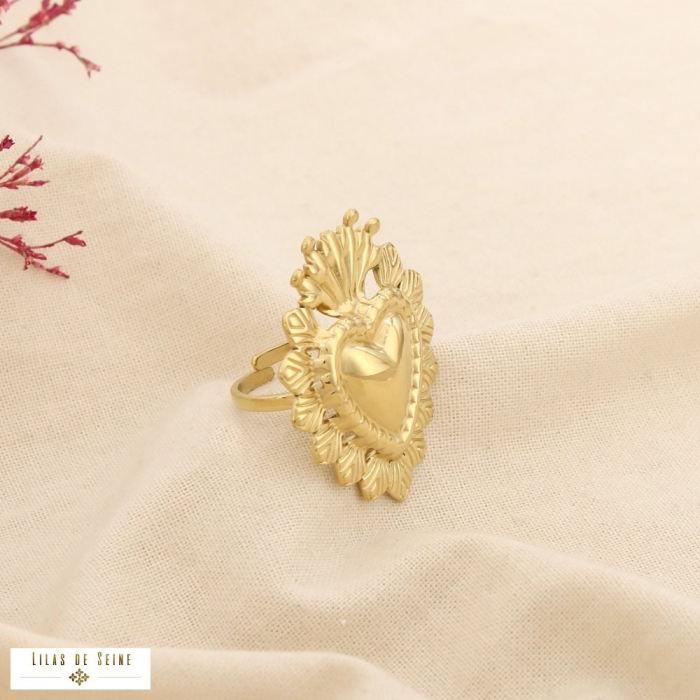 Bague acier inoxydable ajustable cœur sculpté 0425541 doré