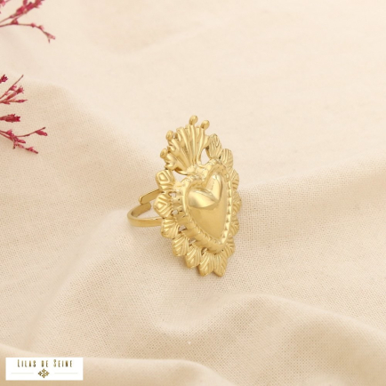 Bague acier inoxydable ajustable cœur sculpté 0425541 doré