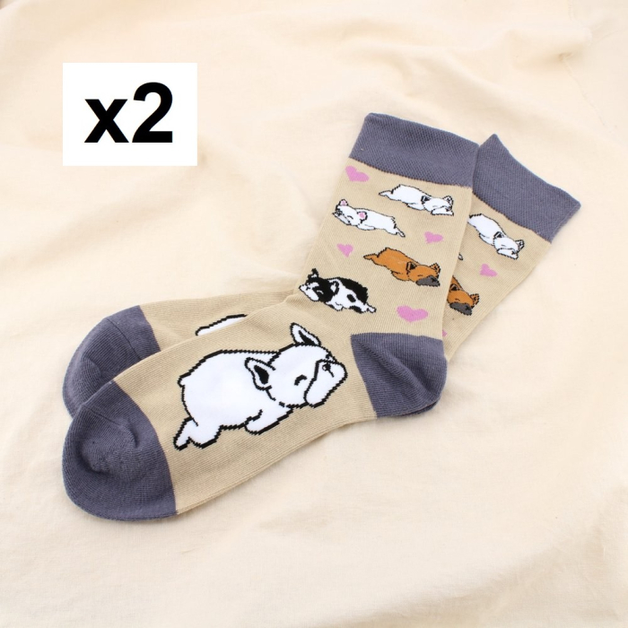 2 paires chaussettes imprimées chien bouledogue 0625559 naturel/beige