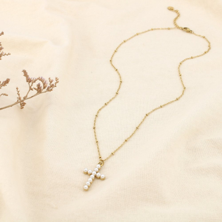 Collier acier inox pendentif croix perle acrylique 0125636 doré