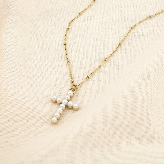 Collier acier inox pendentif croix perle acrylique 0125636 doré