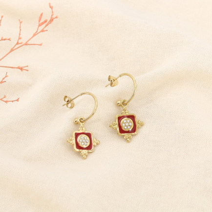 Boucles d’oreilles demi-créoles acier émail strass 0325629 rouge bordeaux