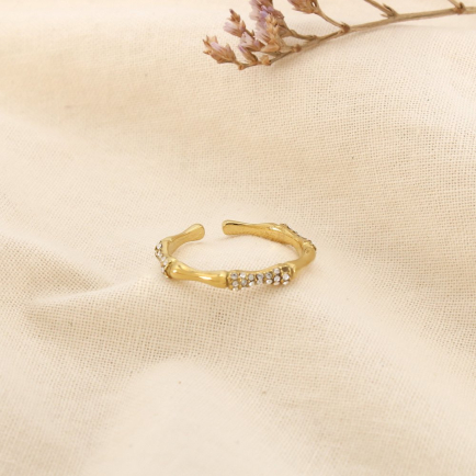 Bague acier inox strass ouvert minimaliste texturé 0425563 doré