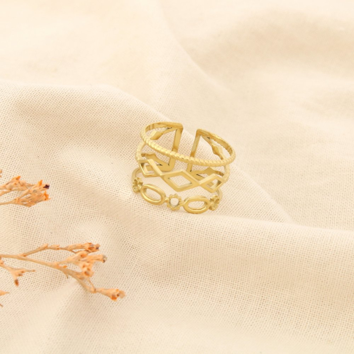 Bague acier inoxydable ajouré ouvert multi-anneaux 0425569 doré