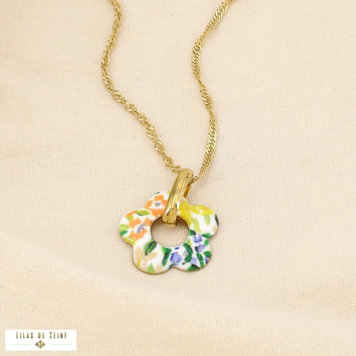 Collier acier inoxydable émail pendentif floral 0126015 cognac
