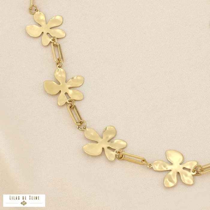 Collier fleurs stylisées chaîne trombone acier inox. 0126020 doré