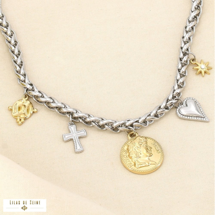 Collier breloques chaîne maille palmier acier inox. 0126025 doré/argenté