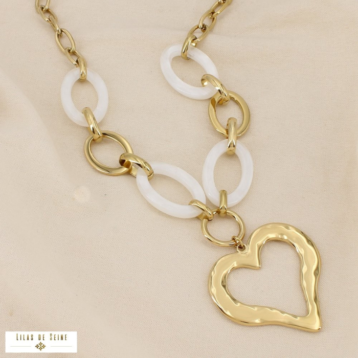 Collier anneaux résine colorée pendentif cœur acier 0126033 blanc