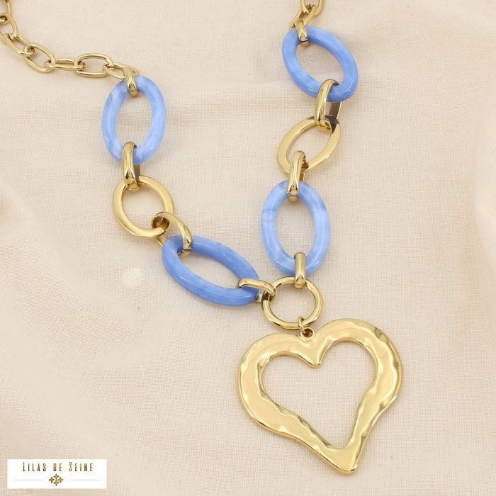 Collier anneaux résine colorée pendentif cœur acier 0126033 bleu ciel