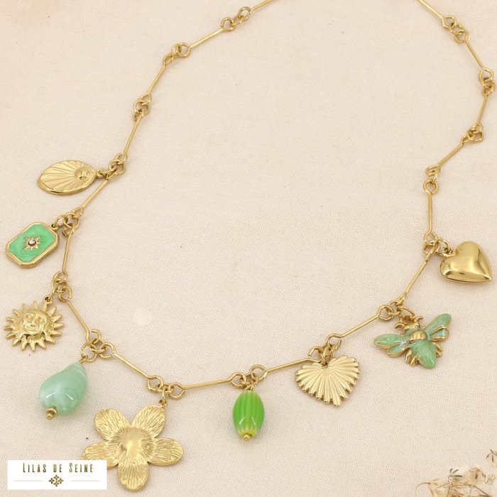 Collier breloques acier inox. chaîne maille tige 0126093 vert