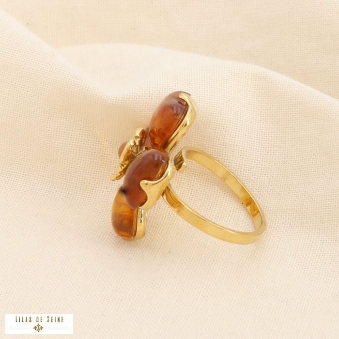 Bague ouverte fleur 4 pétales résine acier inox. 0426007 cognac