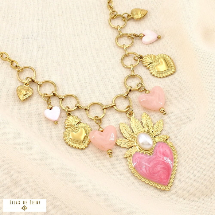 Collier acier breloque émail nacre perle cœur Bohème 0126057 rose