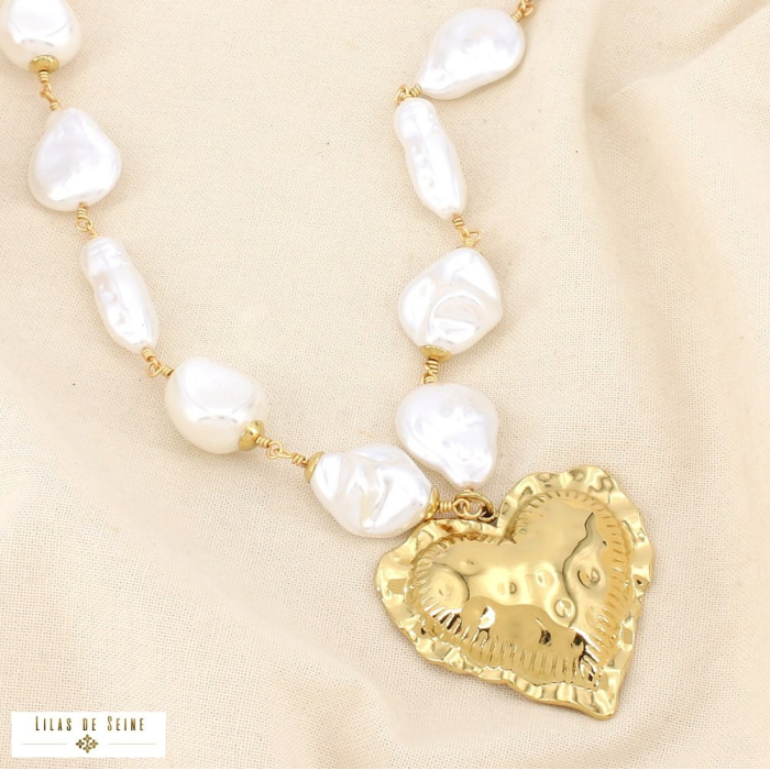 Collier coeur acier inoxydable perle acrylique 0126121 naturel/beige