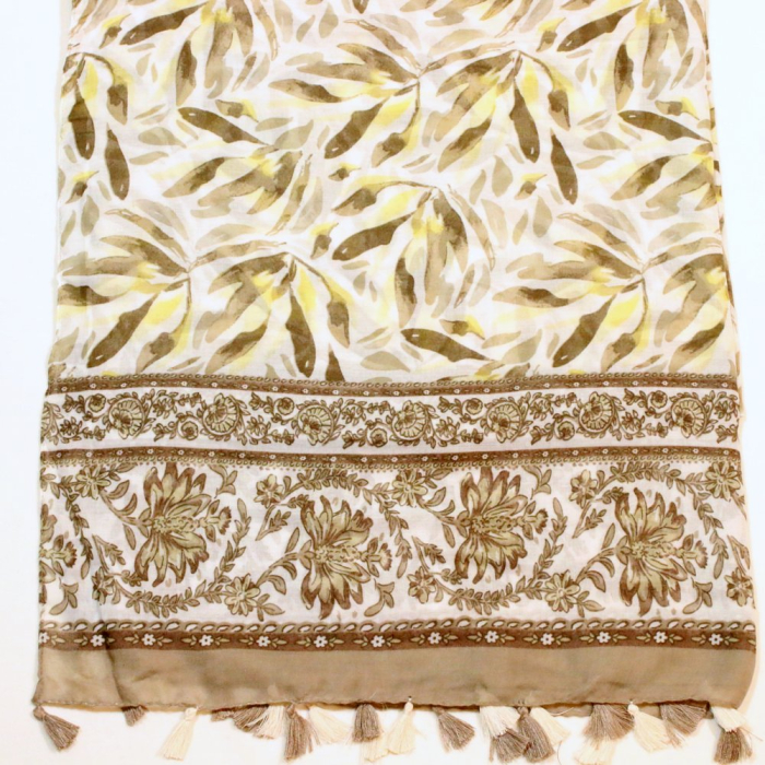 Foulard pompons imprimé floral viscose coton 0726003 taupe