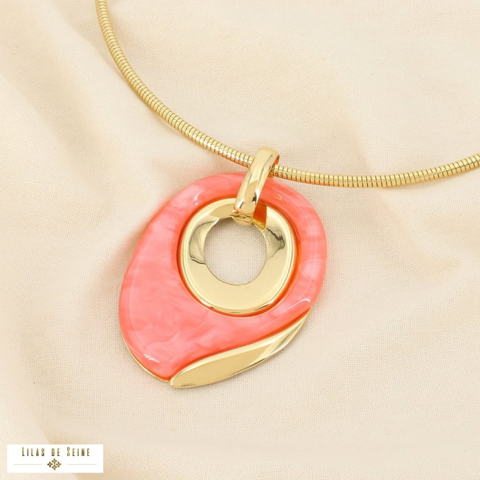 Collier acier inox. pendentif ovale résine marbrée 0126019 saumon