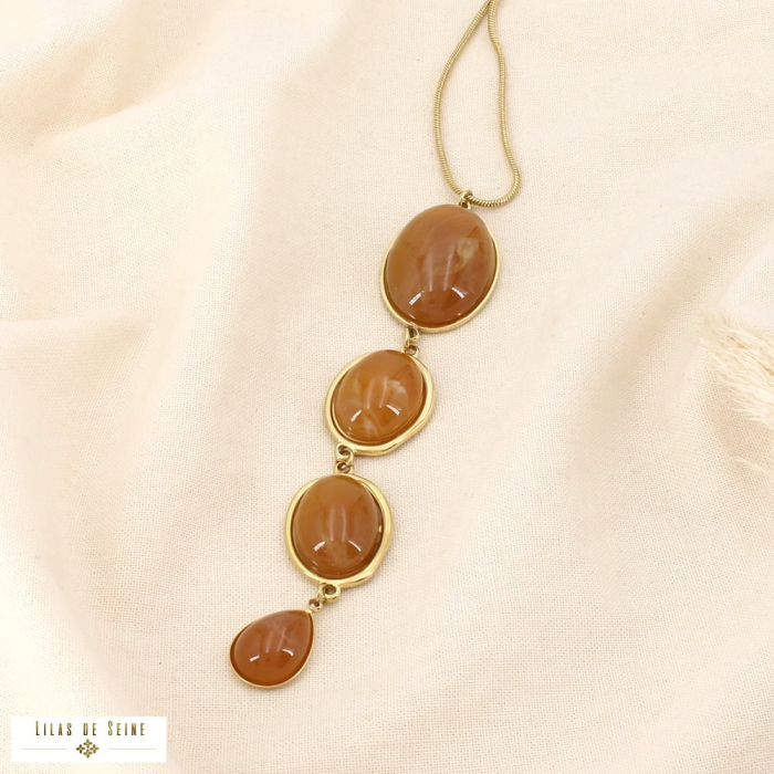 Collier acier inox. cascade cabochons résine marbrée 0126032 cognac