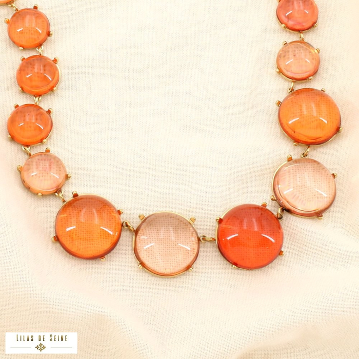 Collier acier cabochons ronds résine translucide 0126050 orange