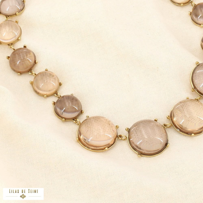 Collier acier cabochons ronds résine translucide 0126050 taupe