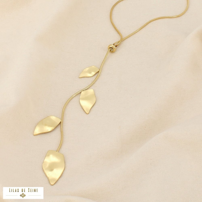 Collier acier inoxydable forme Y feuille 0126039 doré