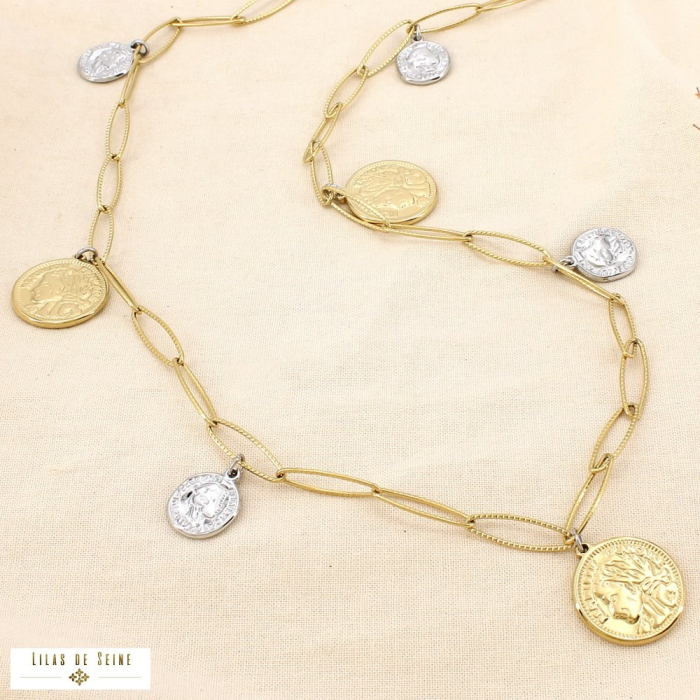 Collier sautoir acier inoxydable pièces bicolores 0126026 doré/argenté