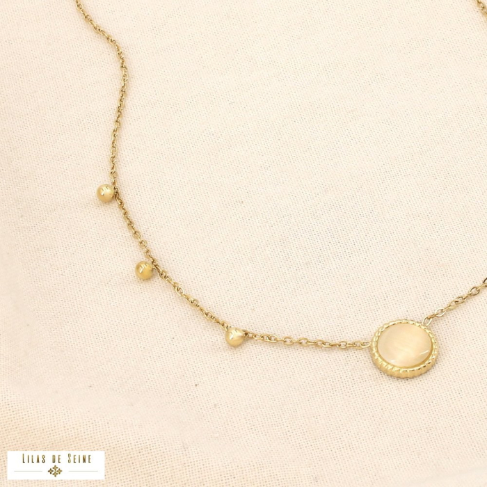 Collier acier inoxydable bille cabochon rond verre 0126085 naturel/beige