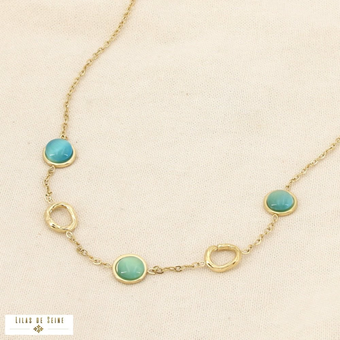 Collier acier inoxydable verre cabochons maillons 0126089 bleu turquoise