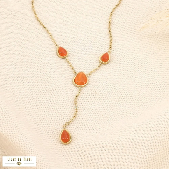 Collier acier inox verre forme Y pendentif goutte 0126092 orange