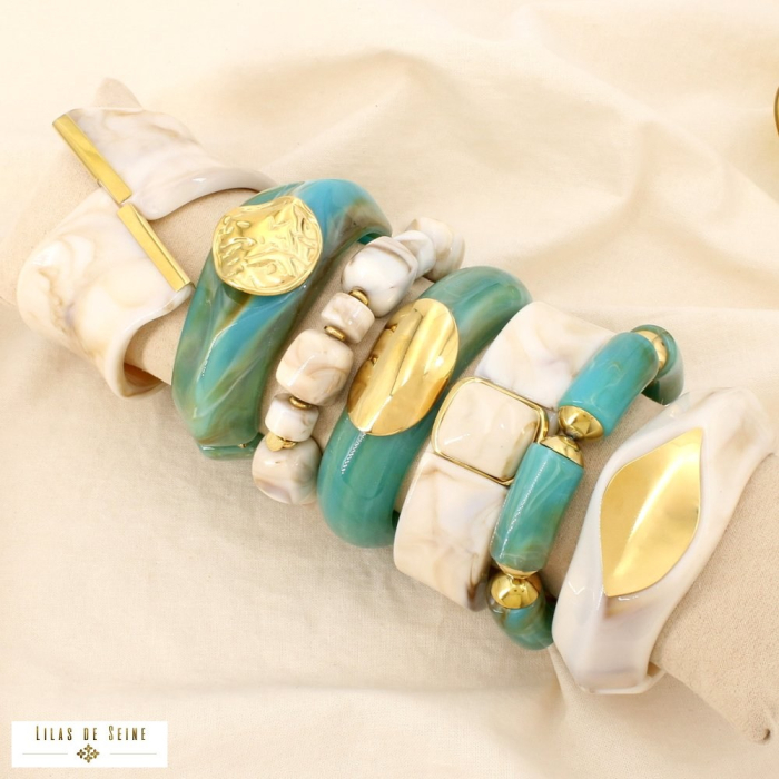 Ensemble 8 bracelets acier résine contemporain 0226139 bleu turquoise