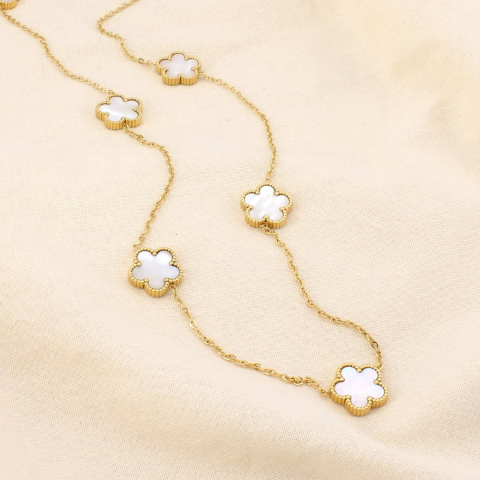 Collier sautoir acier inoxydable nacre motifs fleur 0126149 blanc