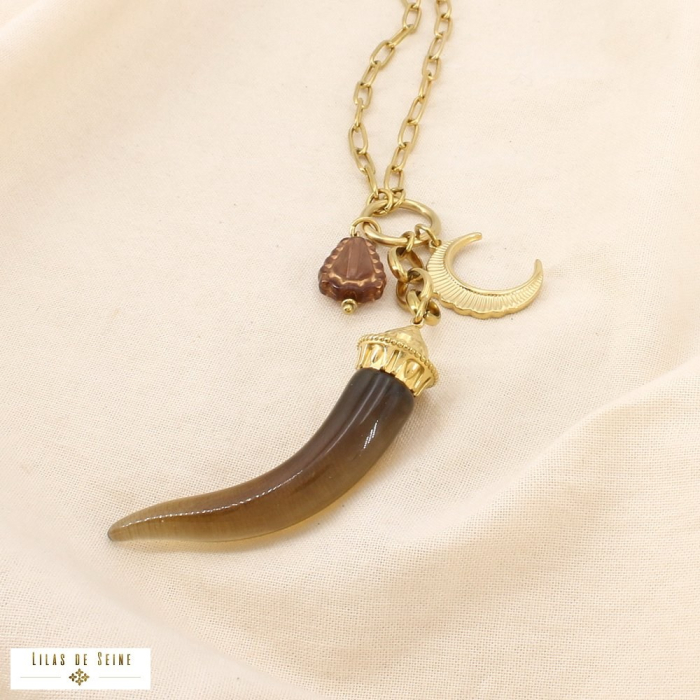 Collier sautoir acier résine forme corne marbrée 0126055 taupe