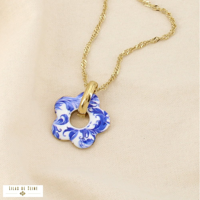Collier acier inoxydable émail pendentif floral 0126015 bleu