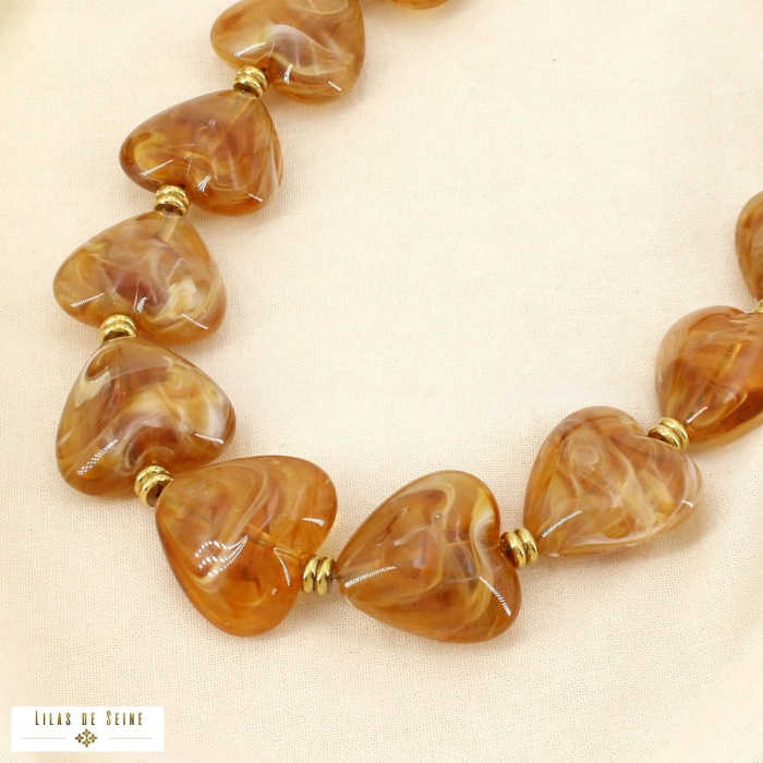 Collier acier inoxydable résine marbrée cœur 0126067 cognac