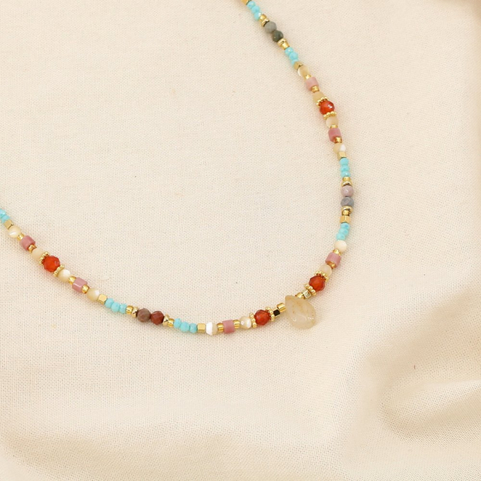 Collier perles breloque goutte pierre acier inox. 0126140 multi