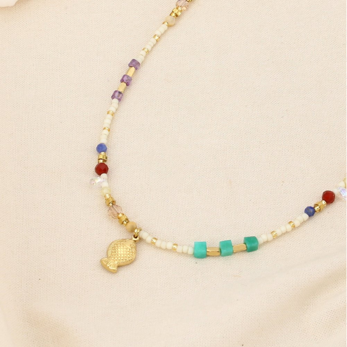 Collier perles breloque poisson acier inoxydable 0126143 naturel/beige