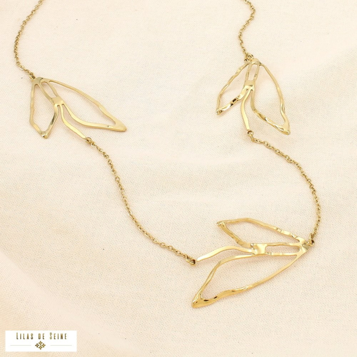 Sautoir feuilles filigranées acier contemporain 0126040 doré