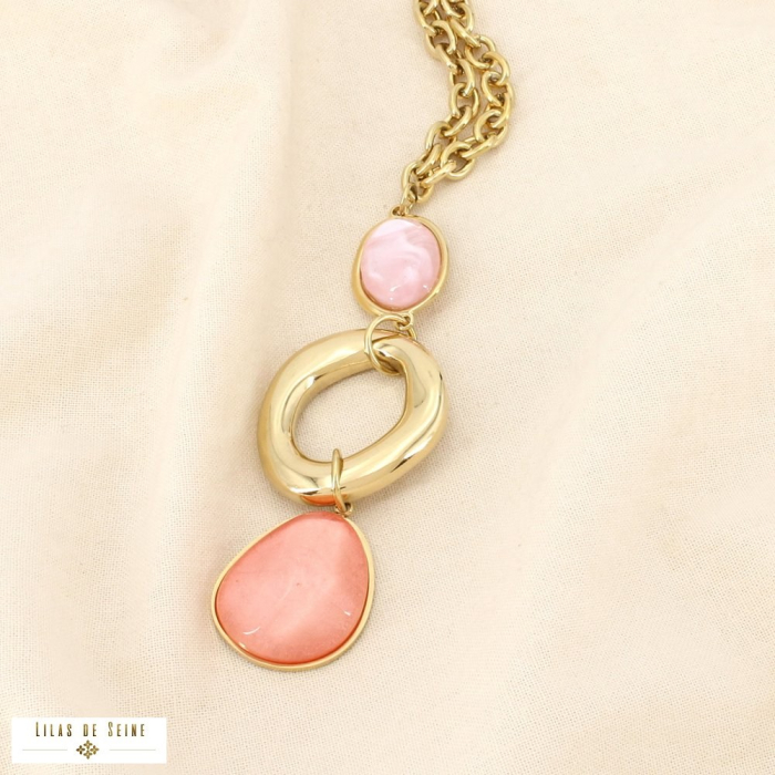 Collier contemporain chic acier pendentif résine 0126010 saumon