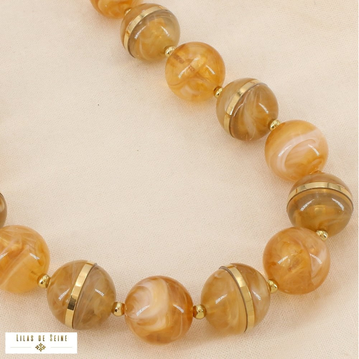 Collier boules résine marbrée acier inoxydable 0126135 taupe