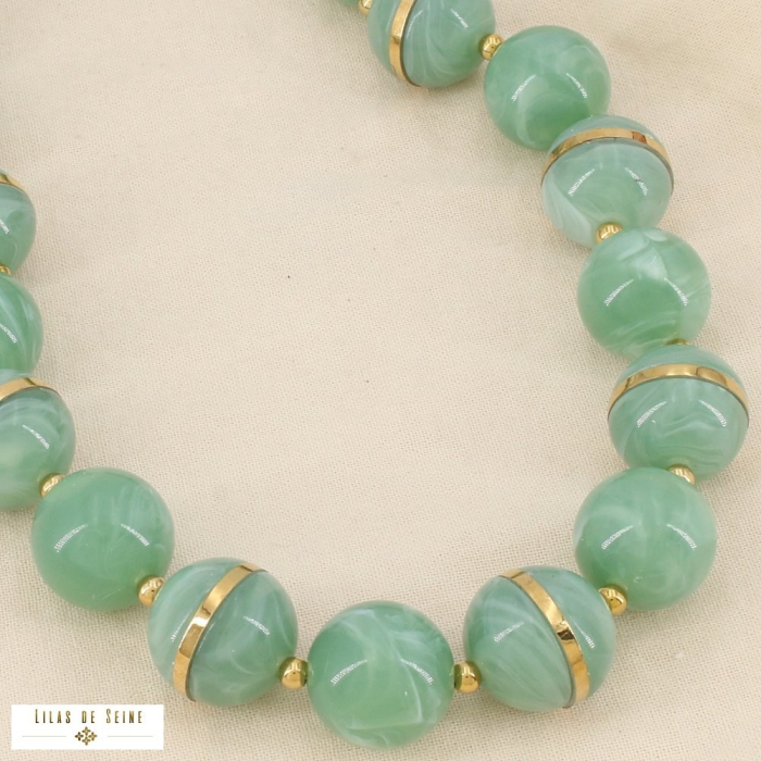 Collier boules résine marbrée acier inoxydable 0126135 vert aqua