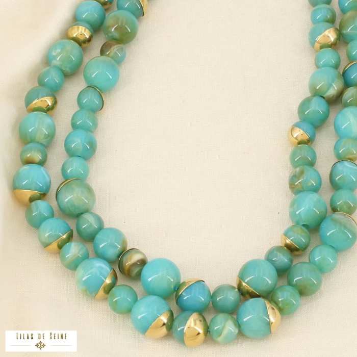 Collier double-rangs résine marbrée acier inoxydable 0126052 bleu turquoise