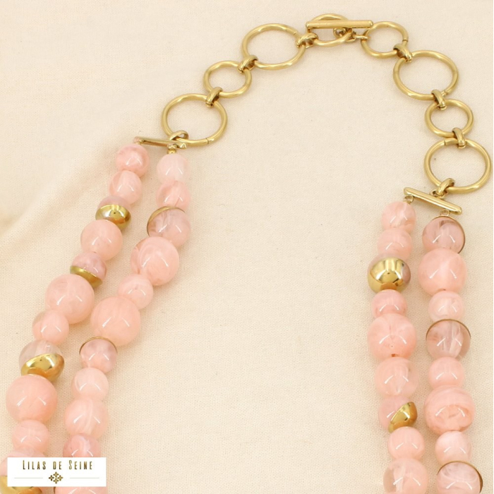 Collier double-rangs résine marbrée acier inoxydable 0126052 rose
