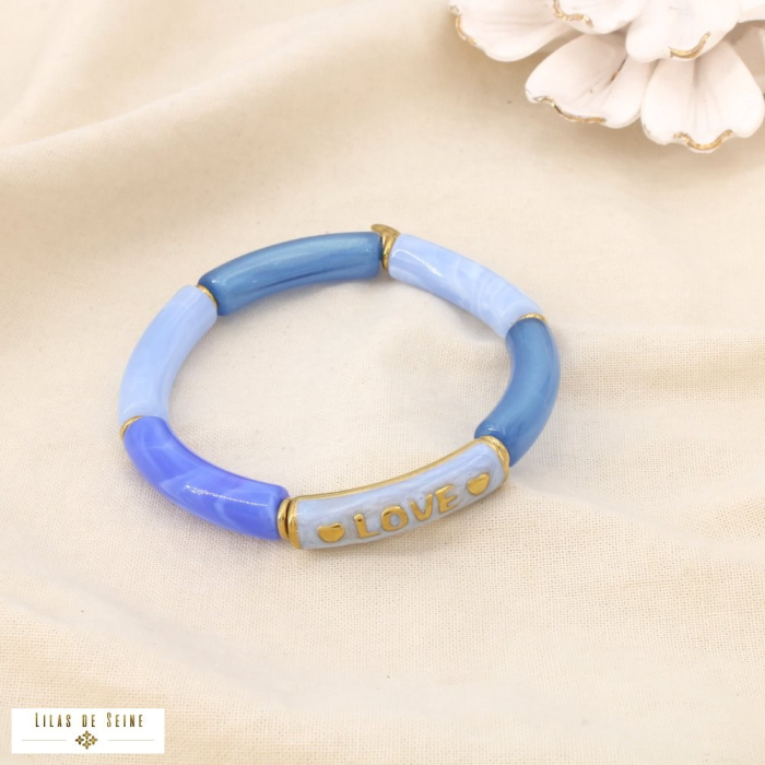 Bracelet jonc élastique LOVE résine marbrée acier 0226111 bleu ciel