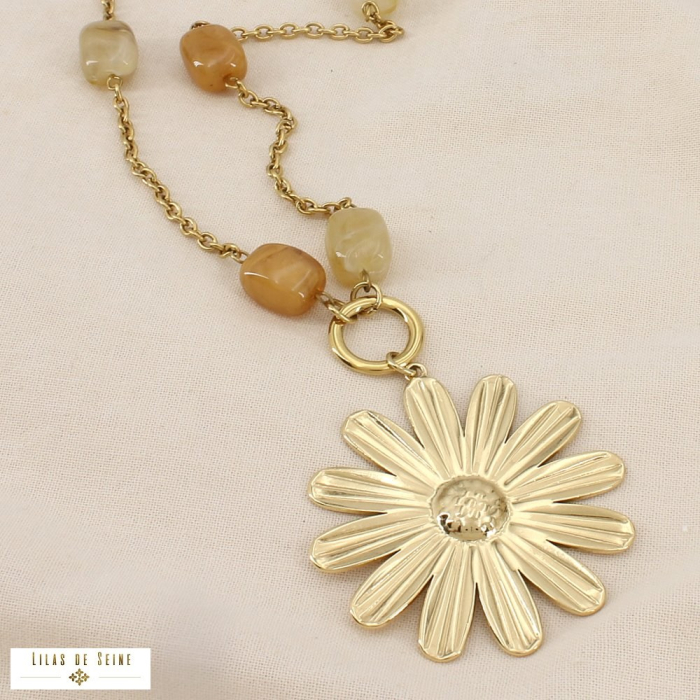 Sautoir fleur marguerite acier inox. résine marbrée 0126106 taupe