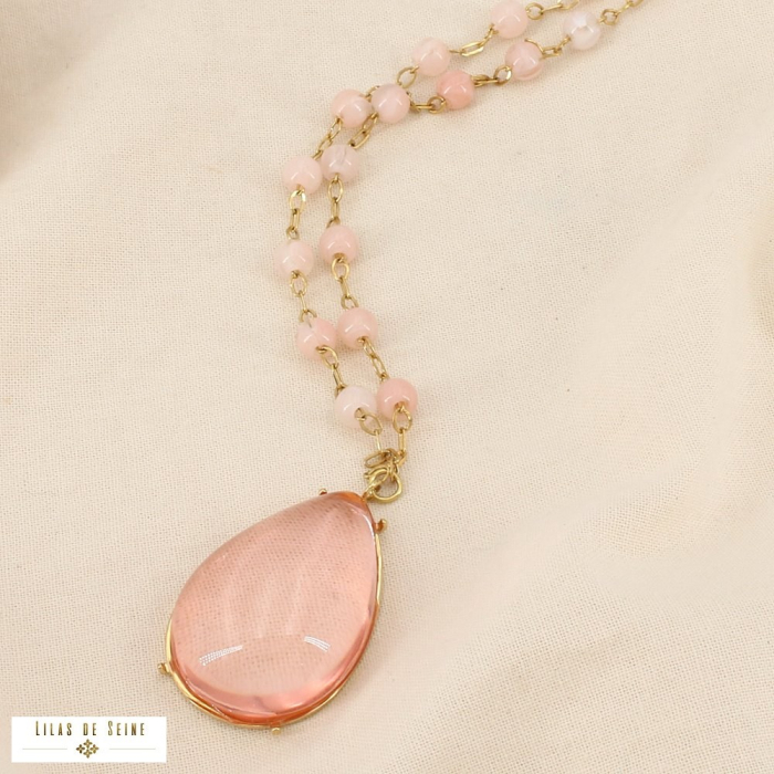Collier pendentif goutte résine transparente acier 0126063 rose nude